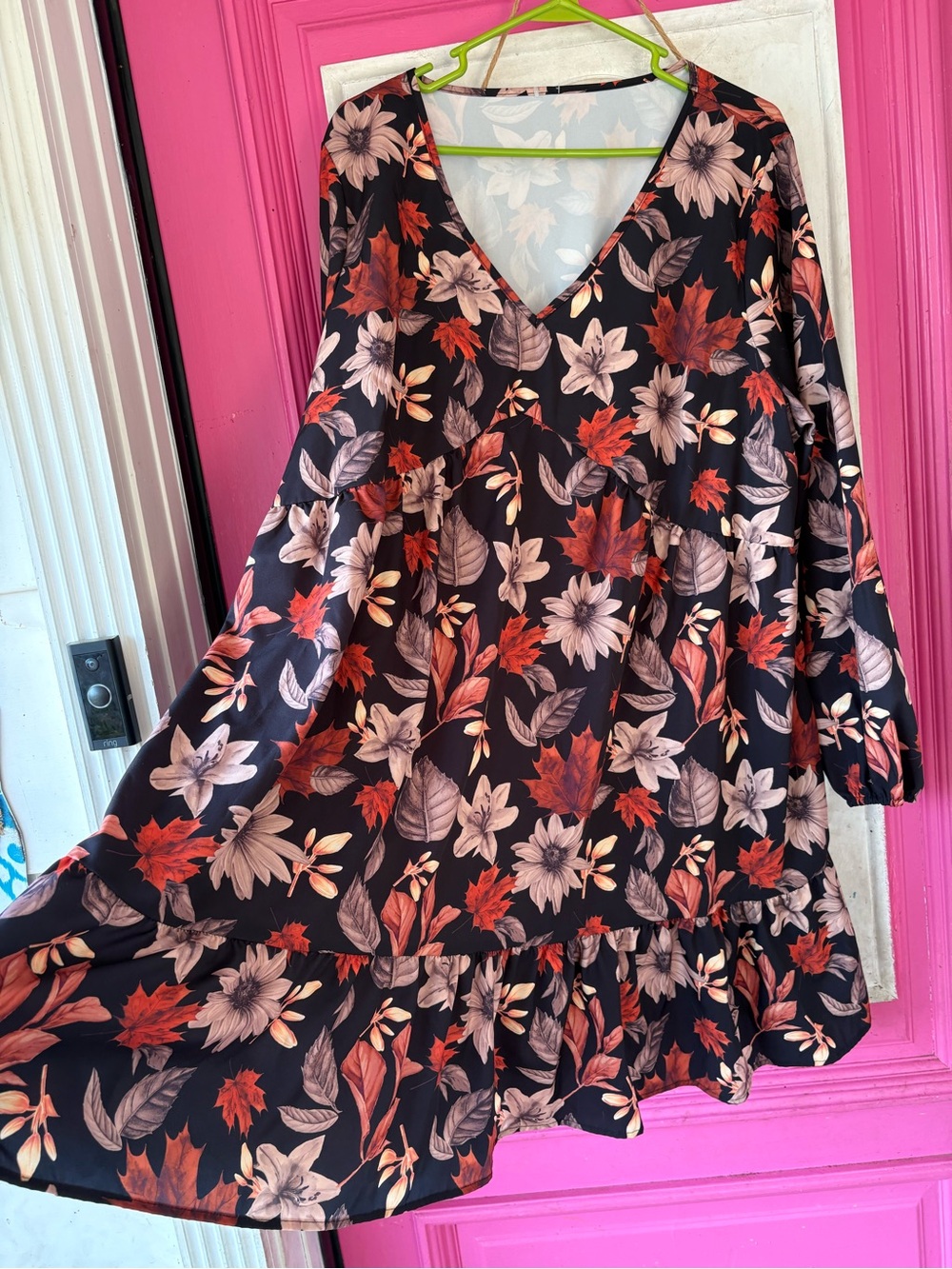FALL print Black Floral V-Neck Tiered Long Sleeve Dress - Picture 4 of 9